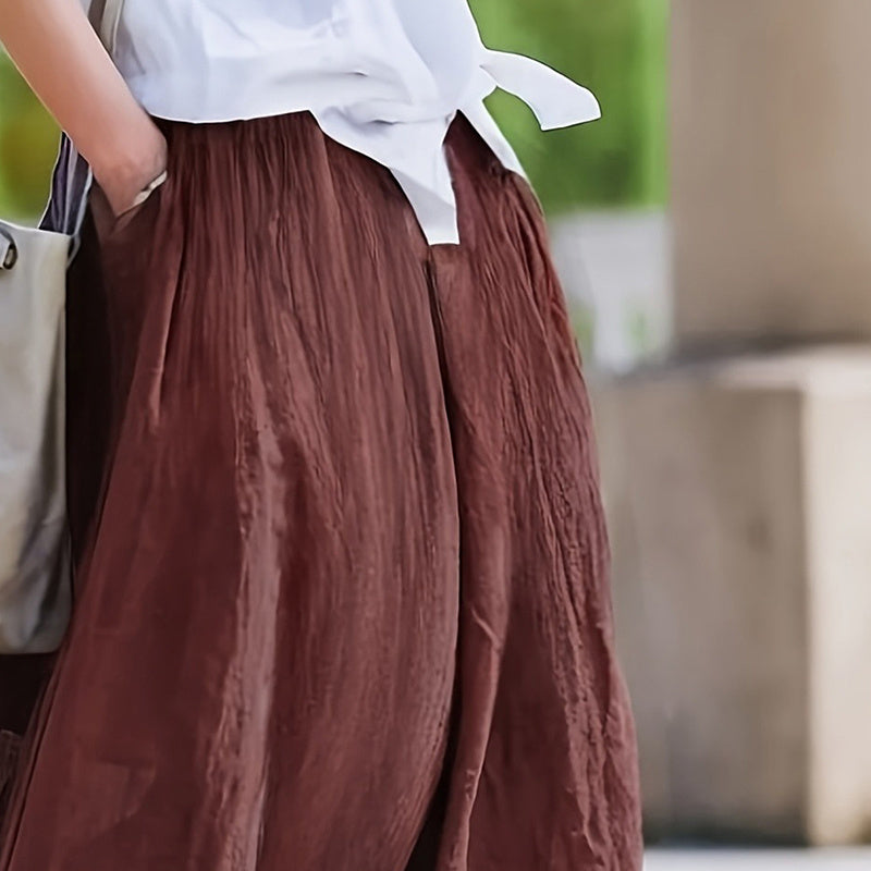 Women Bohemian Beach A-Line Dress Elastic Waist Flowy Long Maxi Skirt With Pockets