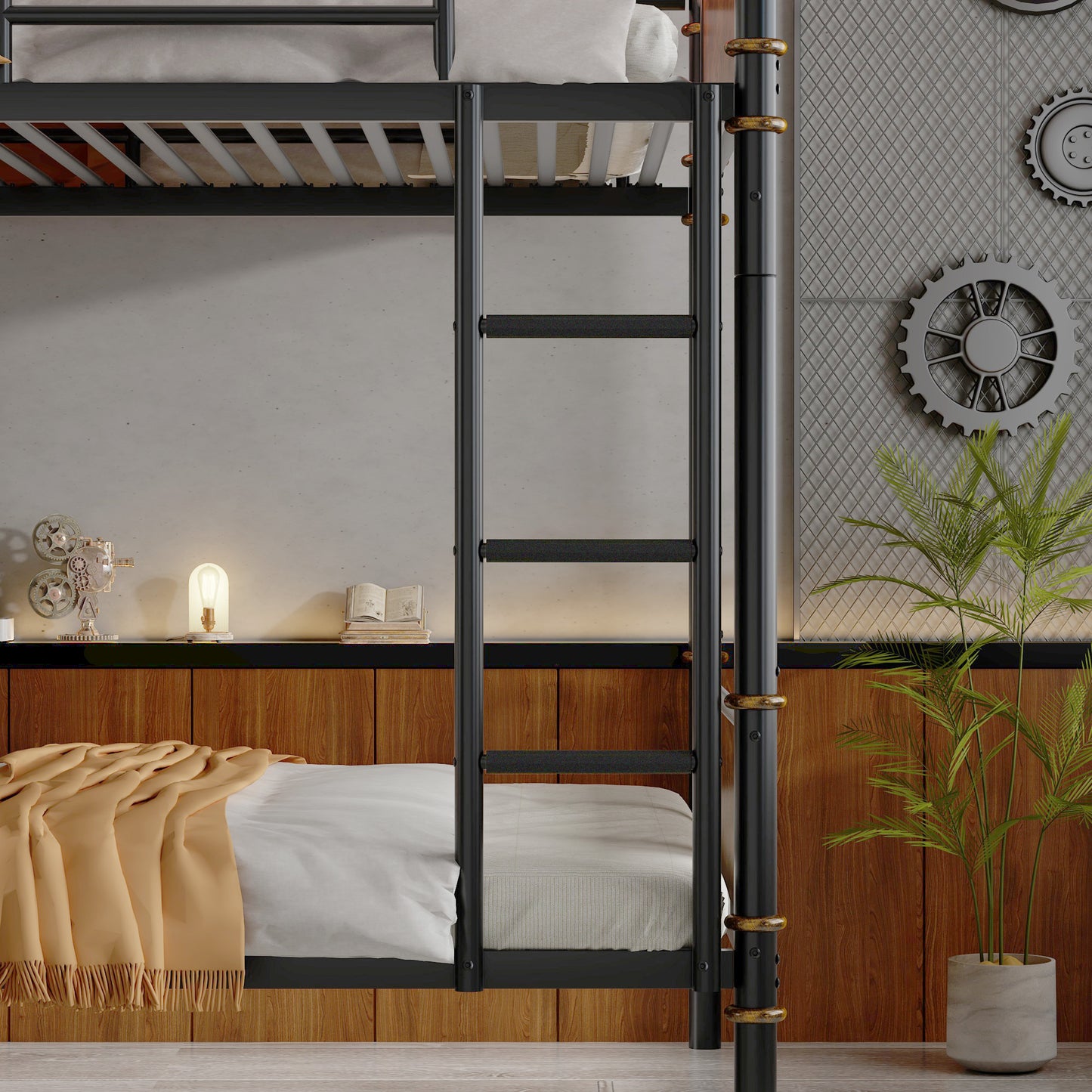 Double Bed Plus Double Bed Plus Metal Bunk Bed, Industrial Grade Detachable Bunk Bed With Safety Railing, Suitable For Teenagers, Black