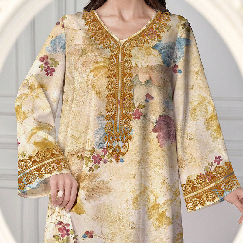 Women's Chic Bohemian Floral V-Neck Maxi Dress, Elegant Golden Long Sleeve Loose Fit Casual