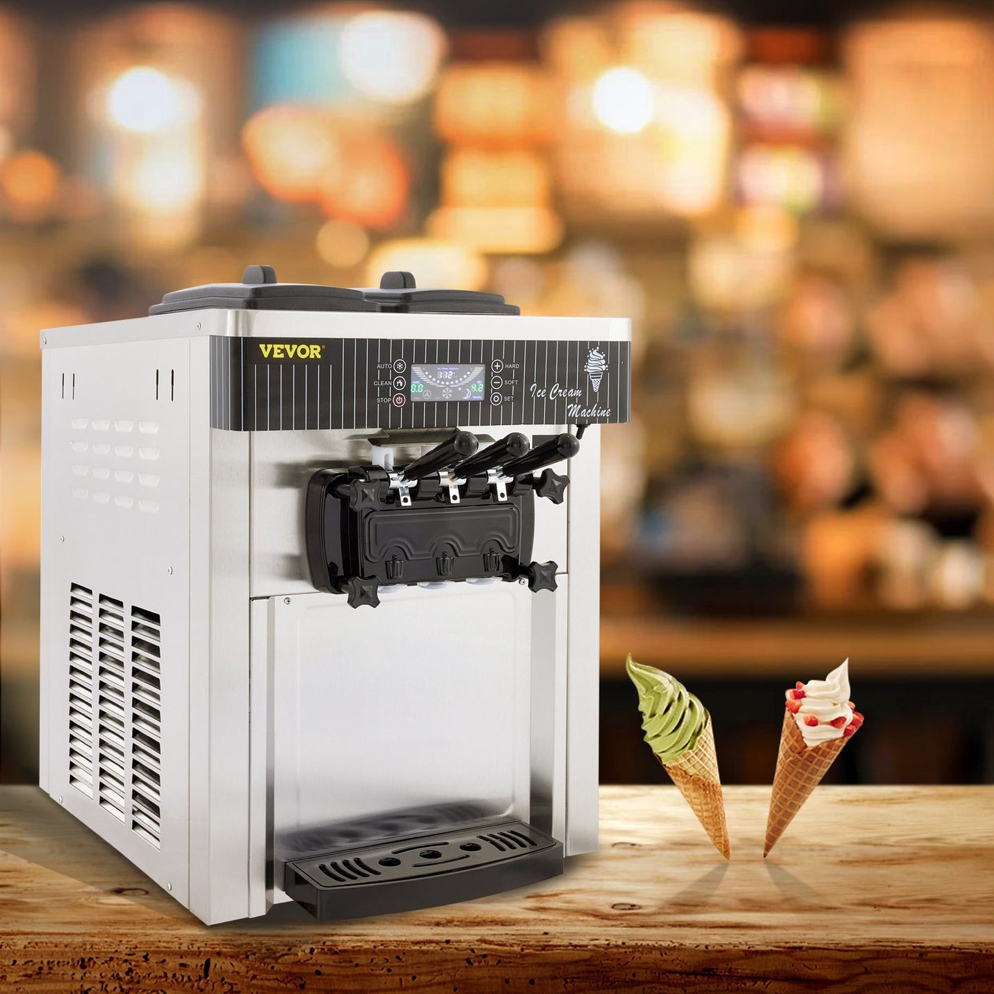 VEVOR Commercial Ice Cream Machine 5.3 To 7.4Gal Per Hour Soft Serve With LED Display Auto Clean 3 Flavors Perfect For Restaurants Snack Bar, 2200W, Sliver