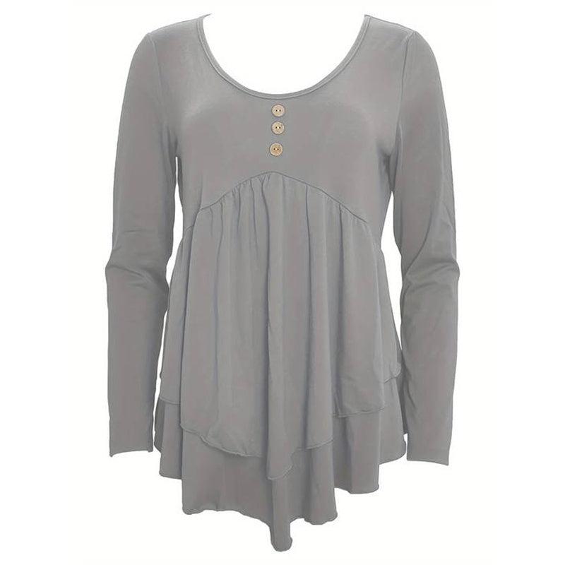 Casual Long Sleeve T-Shirt Solid Color Round Neck Layered Button Front Tunic Tops