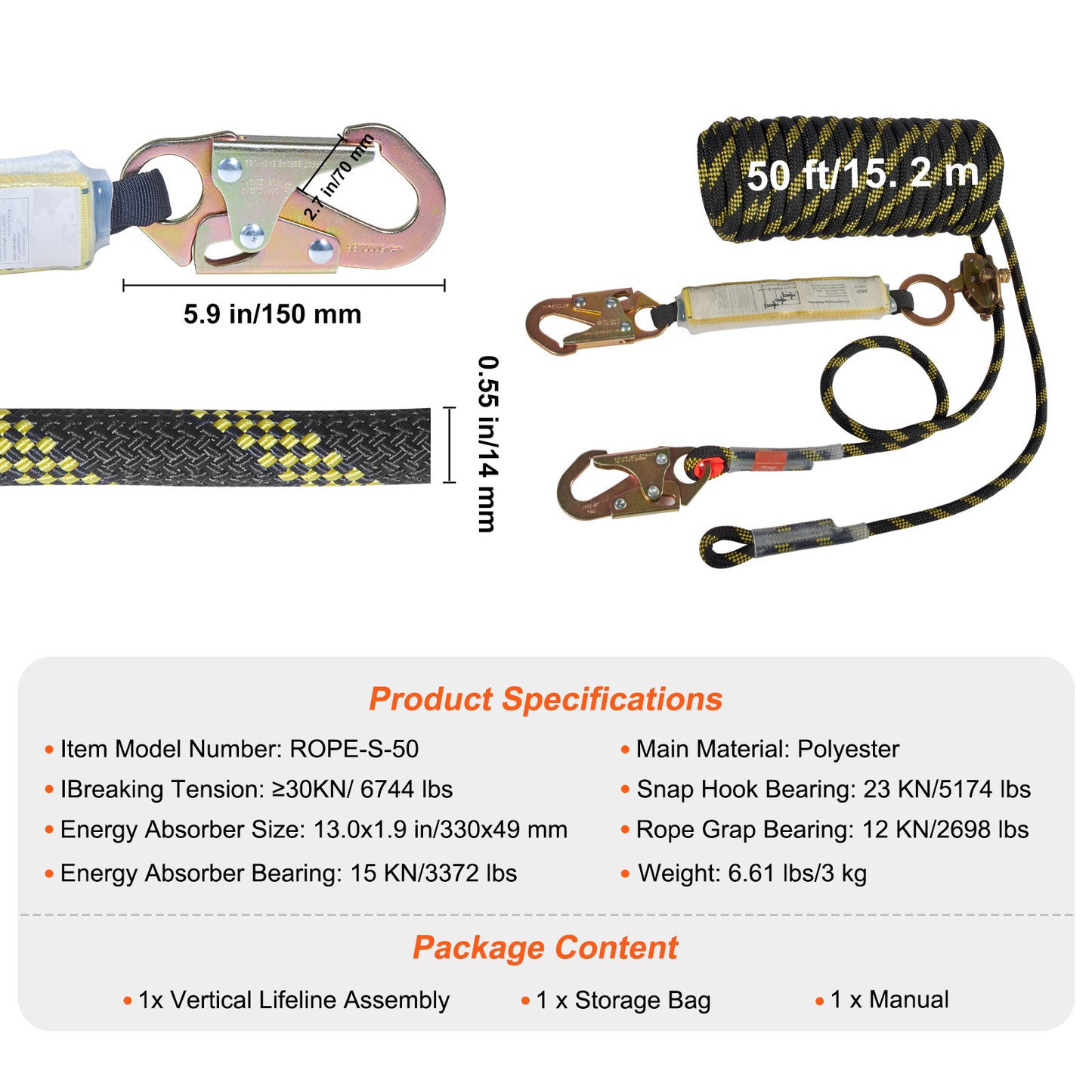 VEVOR Vertical Lifeline Assembly, 0.55 X 50 Fall Protection Rope With 30 KN Breaking Tension, Polyester Roofing Rope With Steel Snap Hooks, Rope Grab, And Shock Absorber, ANSI Compliant