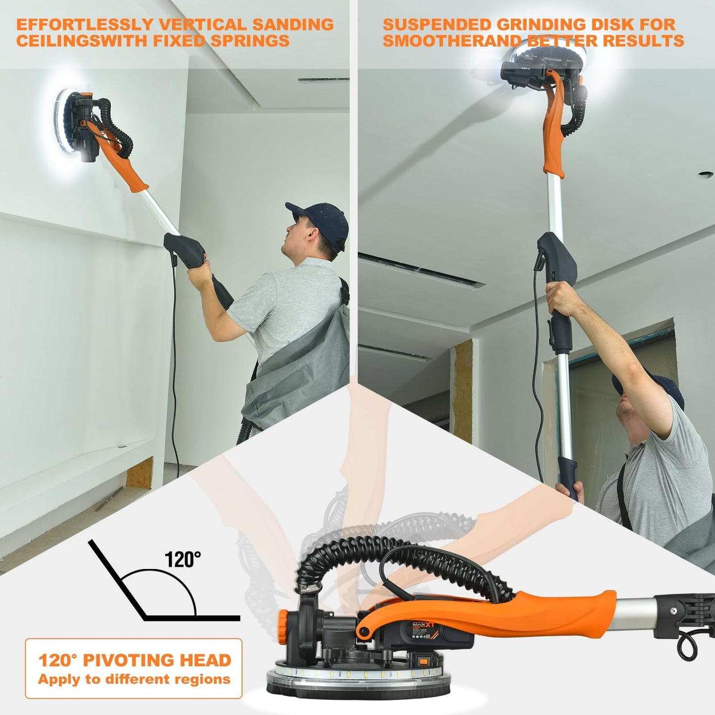 Drywall Sander With Vacuum Dust Collection, 6 Variable Speed Foldable Telescopic Electric Wall Sander, Popcorn Ceiling Removal Tool, 1900RPM Power Sander Tool, LED Light, 18Pcs Sanding Discs