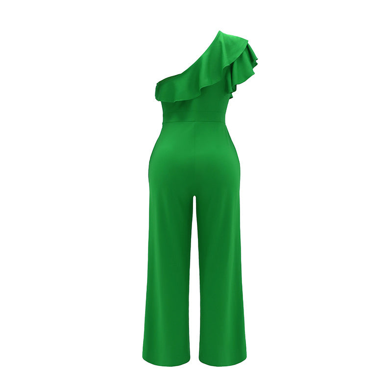 Women Dressy Jumpsuits Sleeveless Ruffle One Shoulder Casual Wide Leg Pants Romper