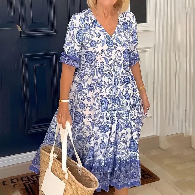 Women's Plus Size V-Neck Floral Print Dress - Loose Fit Casual