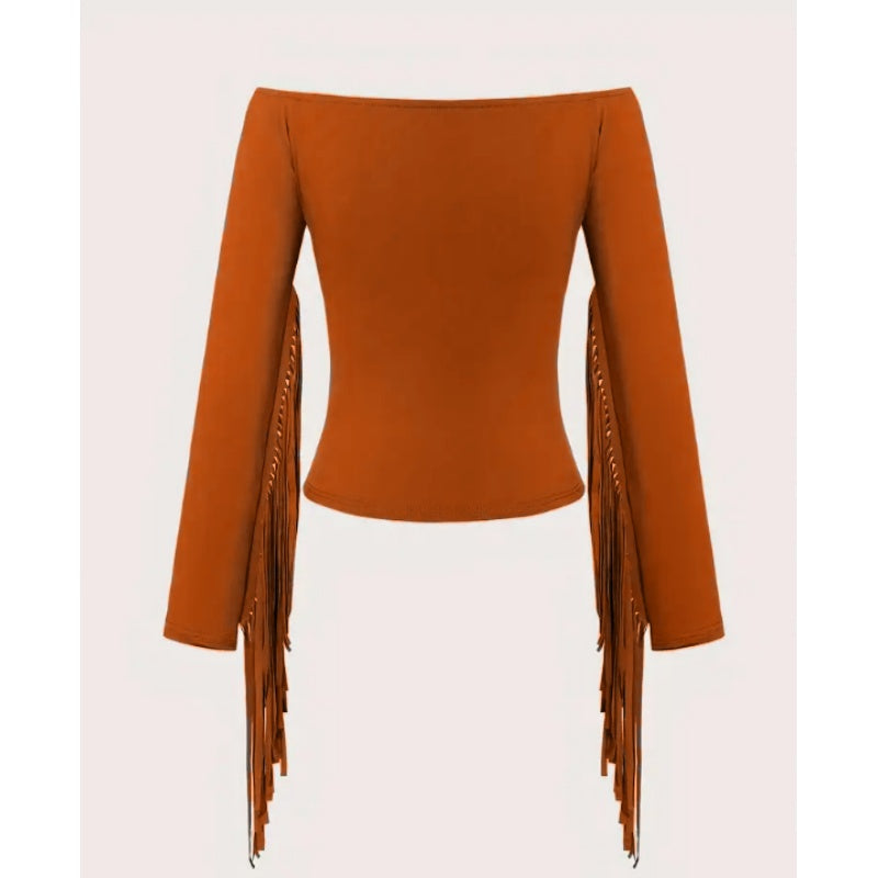 Women's Western Cowgirl Off-Shoulder Fringe Top, Slim Fitted Long Sleeve Tassel Blouse