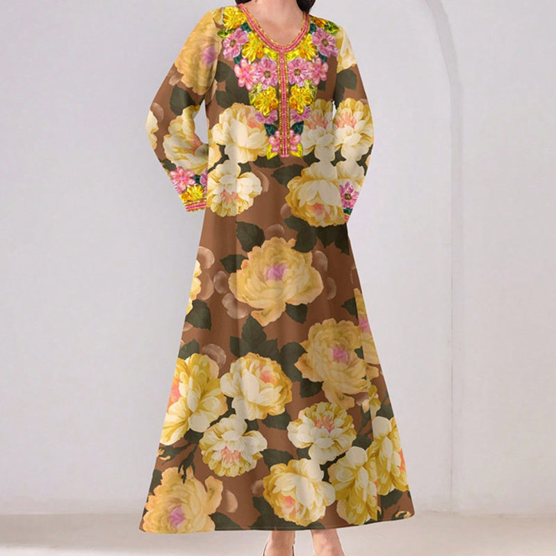 Women's Vibrant Floral Print V-Neck Long Sleeve Maxi Dress Elegant Bohemian A-Line Long