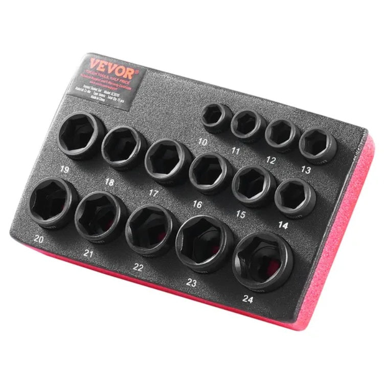 VEVOR Impact Sockets Set 15pcs 6-Point 3 8 Drive Bit Ratchet Tool Kit Case