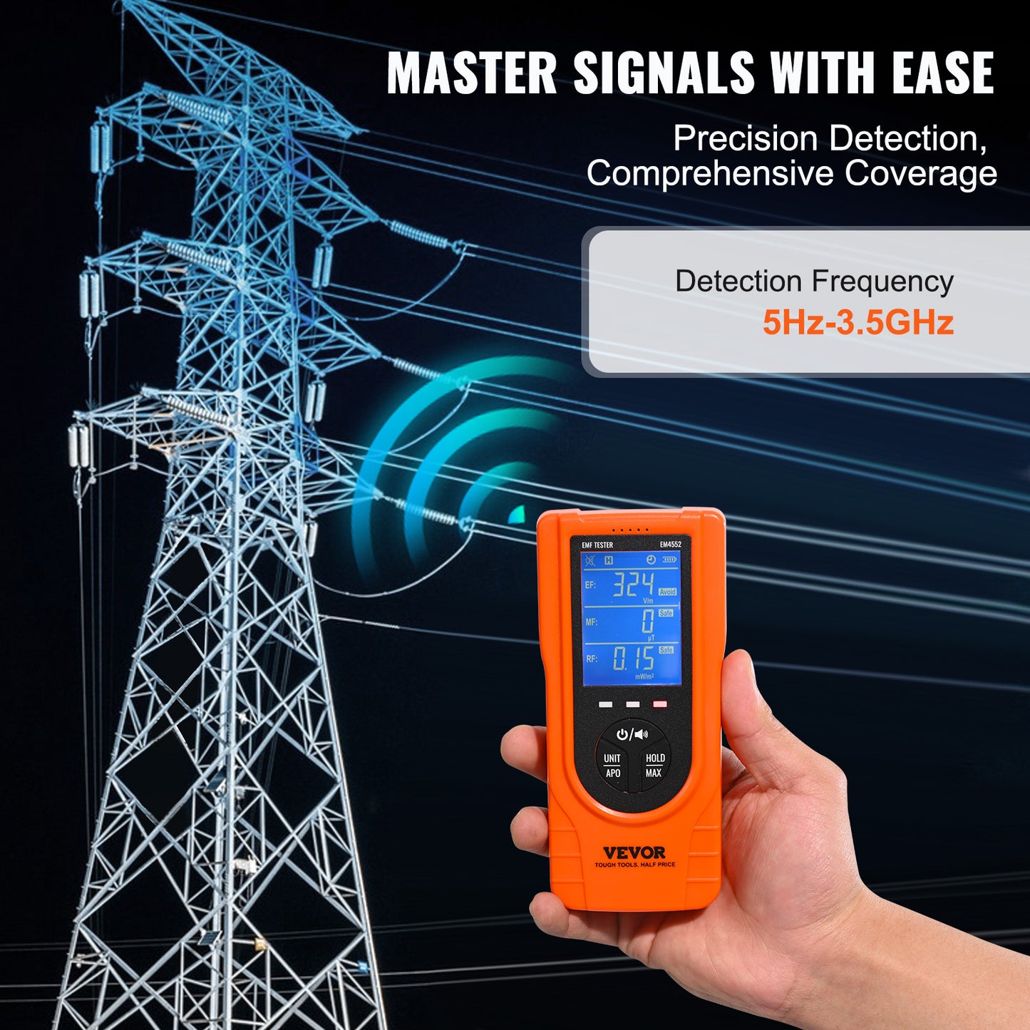 VEVOR EMF Meter, 5Hz 3.5GHz, Handheld Rechargeable Electromagnetic Field Radiation Detector, Digital LCD EMF Tester For EF MF RF Home Inspections Outdoor Ghost Hunting Paranormal Equipment