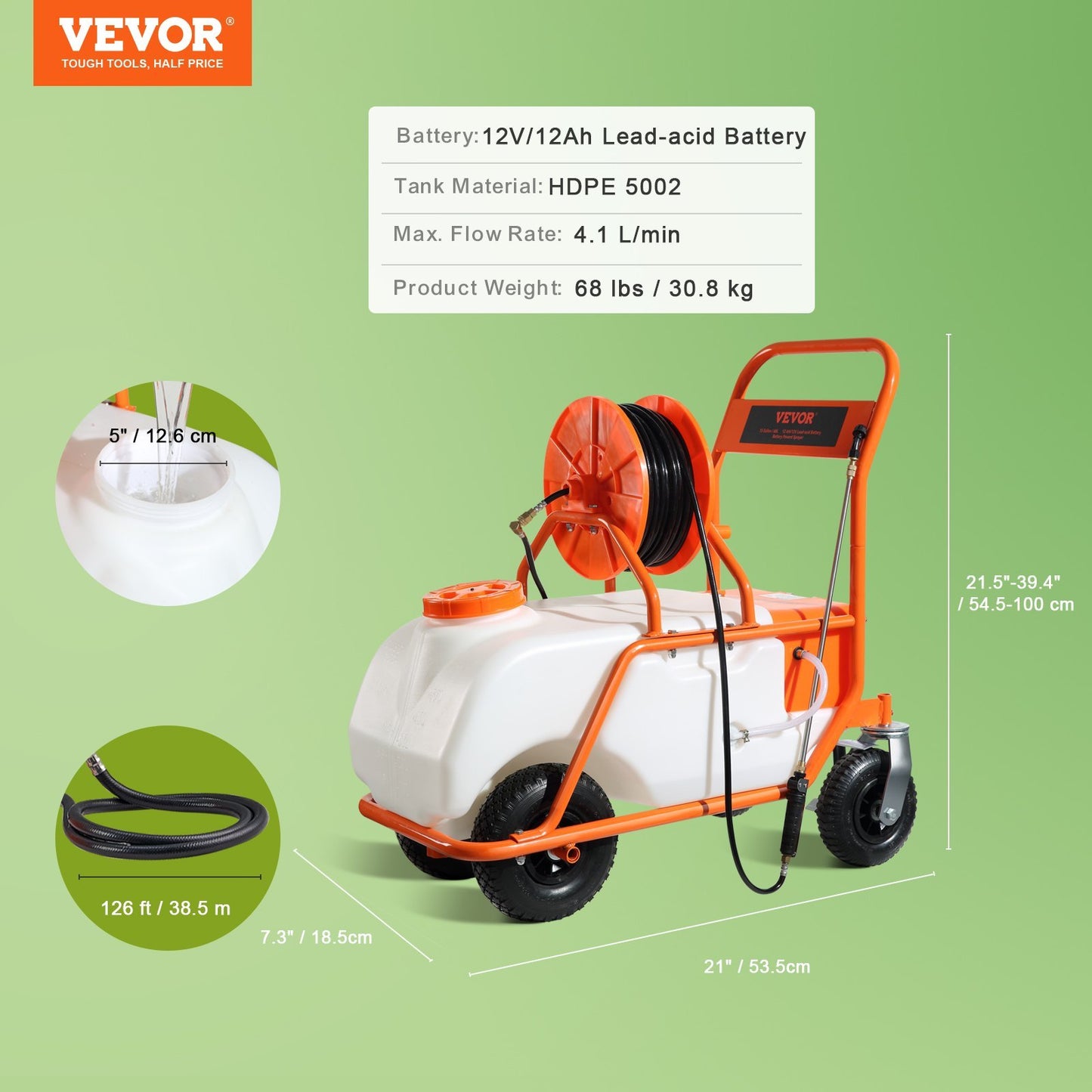 VEVOR Battery Powered Lawn Sprayer On Wheel, 0-90 PSI Adjustable Pressure, 15 Gallon Tank, Cart Sprayer With 8 Nozzles And 2 Wands, 12V 12Ah Battery, Wide Mouth Lid For Weeding, Spraying