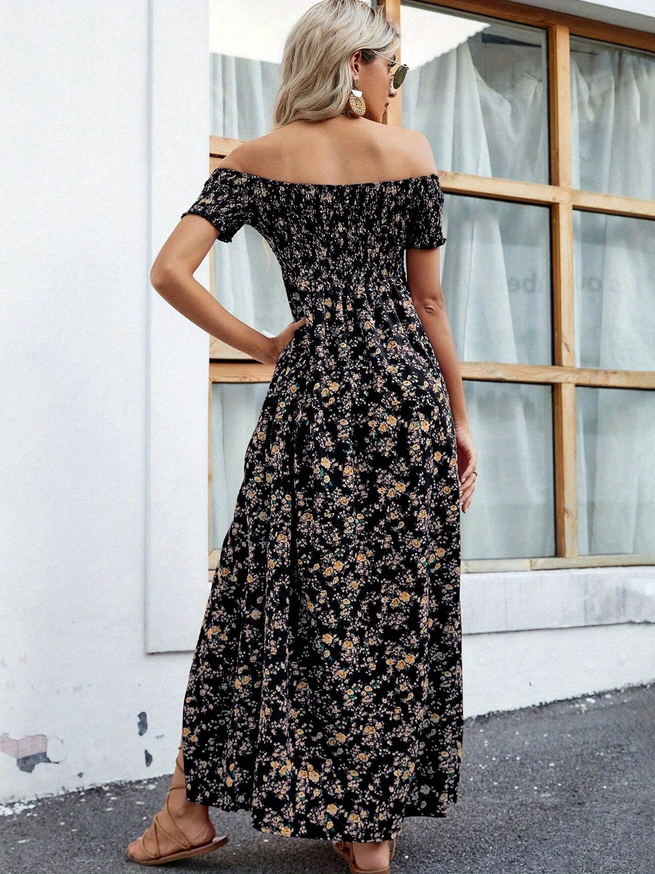 Women's Summer Elegant Off-Shoulder Printed Maxi Dress With Slit Hem
