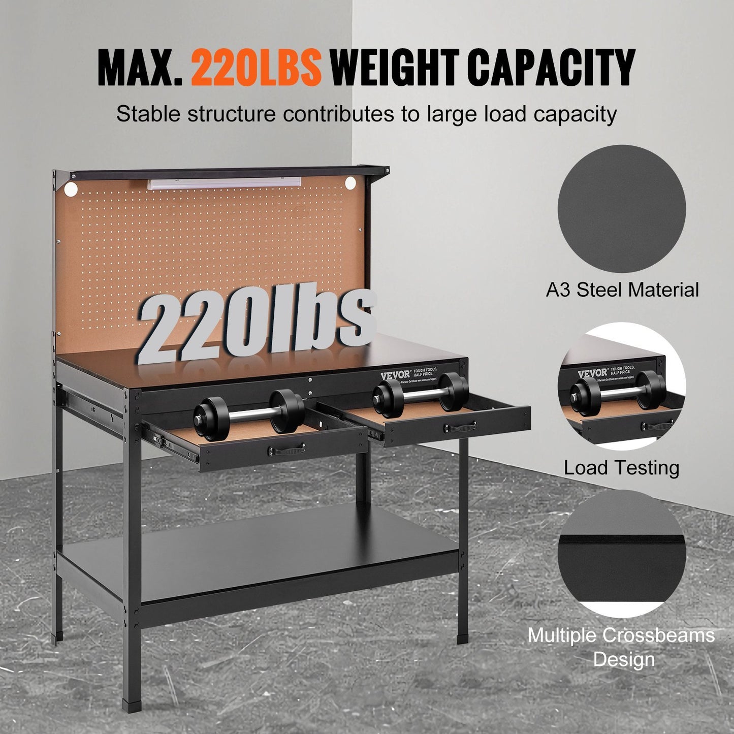 VEVOR Workbench A3 Steel Work Bench For Garage Max. 1500W Heavy Duty Workbench 220lbs Weight Capacity Bench Top Thickness Hardwood Workbench 1.5m Cable 4xAC Outlets 2xUSBPorts 30xHooks