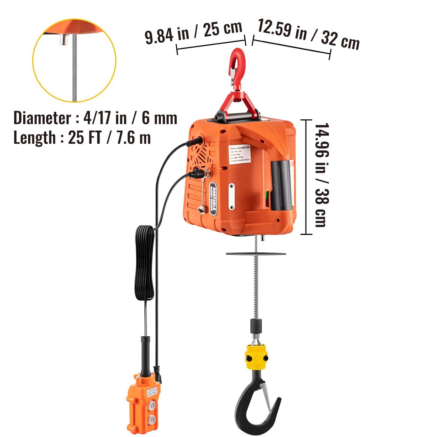 VEVOR 3-in-1 Electric Hoist Winch, 1100lbs Portable Electric Winch, 1500W 110V Power Winch Crane, 25ft Lifting Height,Wire And Wireless Remote Control, Overload Protection For Lifting Towing