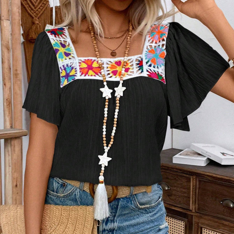 Women's Elegant Square Neck Crochet-Trimmed Geometric Floral Print Short Sleeve Shirt Casual Top