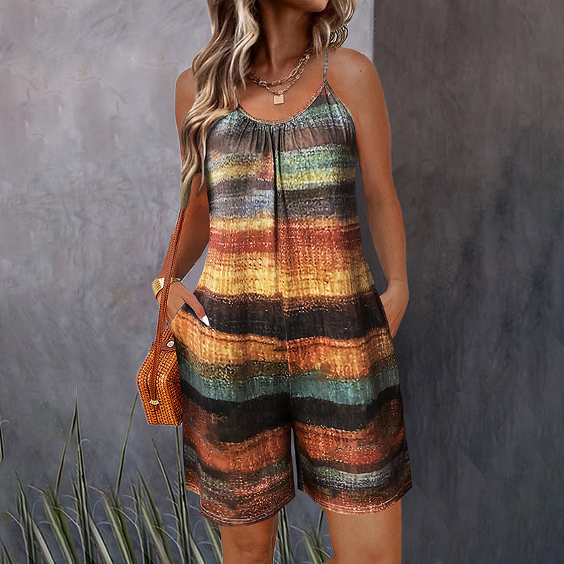 Summer Casual Print Sleeveless Rompers Loose Spaghetti Strap Shorts Jumpsuit
