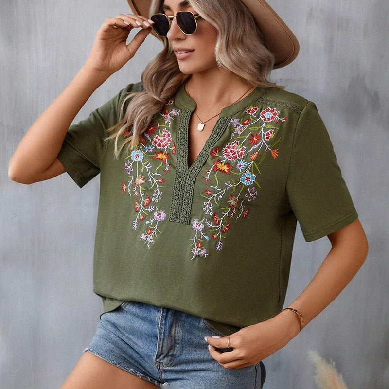 Women's Elegant V-Neck Floral Embroidery Lace Trim Short Sleeve Blouse Casual Top