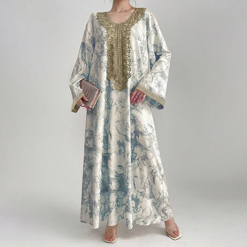 Women's Bohemian Embroidered Printed V-Neck Maxi Dress, Long Sleeve Loose Fit Casual Plus Size