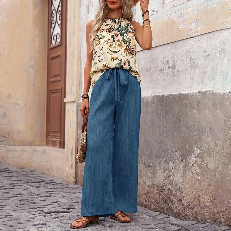 Women's 2 Piece Outfits Casual Sleeveless Halter Neck Crop Top Wide Leg Pants Set