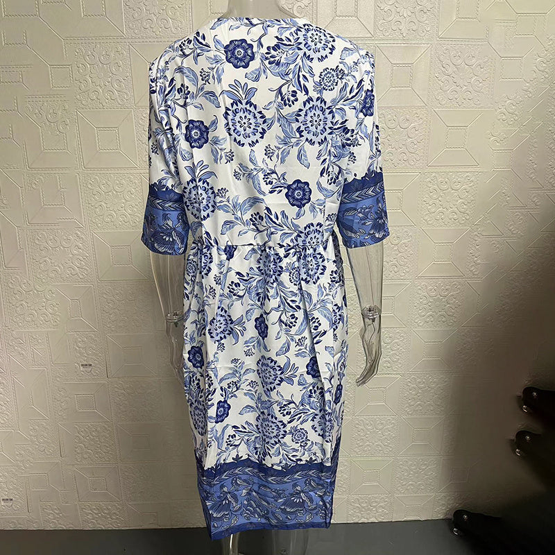 Women's Plus Size V-Neck Floral Print Dress - Loose Fit Casual