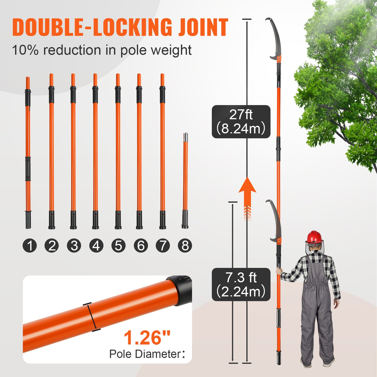 VEVOR Manual Pole Saw, 7.3 27 Ft Extendable Tree Pruner, Sharp Steel Blade High Branches Trimming, Manual Branch Trimmer With Lightweight 8 Fiberglass Handles, For Pruning Palms And Shrubs