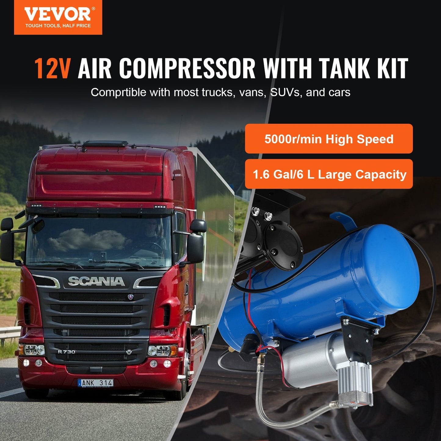 VEVOR 12V Air Compressor With Tank 1.6 Gallon 6 L, Train Horn Air Compressor, 120 Psi Working Pressure Onboard Air Compressor System For Train Air Horns, Inflating Tires, Air Mattresses