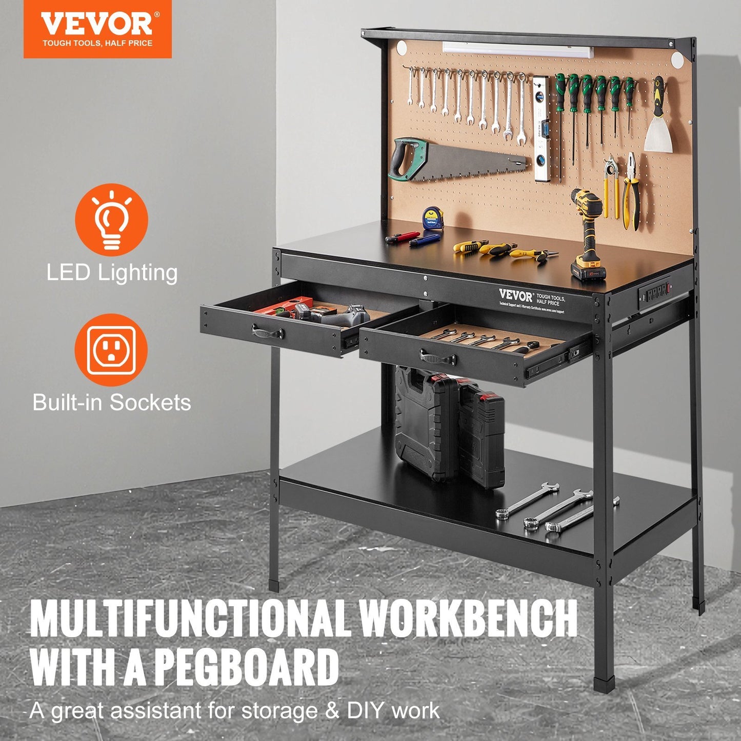 VEVOR Workbench A3 Steel Work Bench For Garage Max. 1500W Heavy Duty Workbench 220lbs Weight Capacity Bench Top Thickness Hardwood Workbench 1.5m Cable 4xAC Outlets 2xUSBPorts 30xHooks