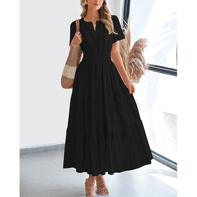 Summer Short Sleeve V Neck Swing Dress Flowy Pleated Tiered Maxi Beach Sundress