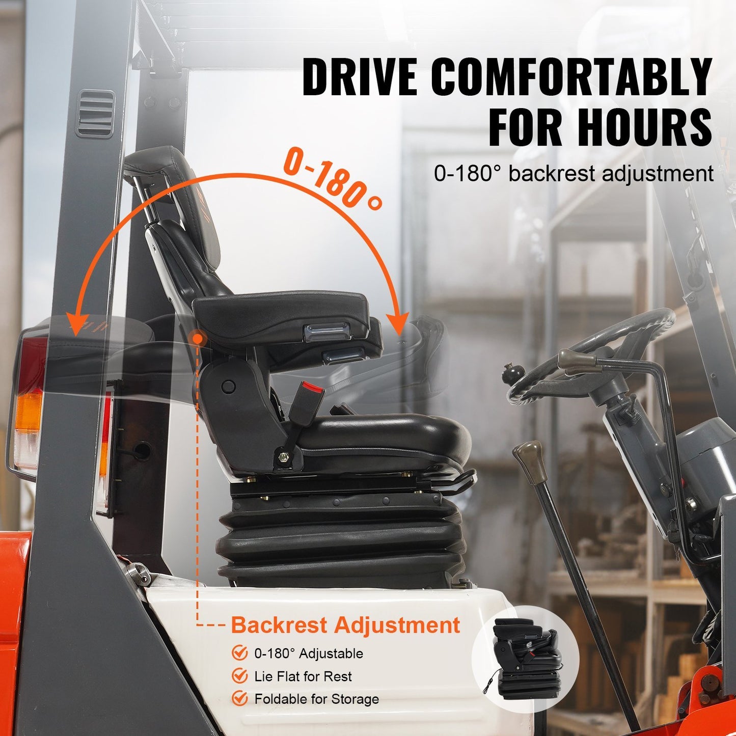 VEVOR Universal Tractor Seat Suspension, Fold Down Forklift Seat With Adjustable Angle Back, Micro Switch, Seatbelt And Armrests, 3-level Shock Absorption Tractor Seat For Tractor Loader Excavator
