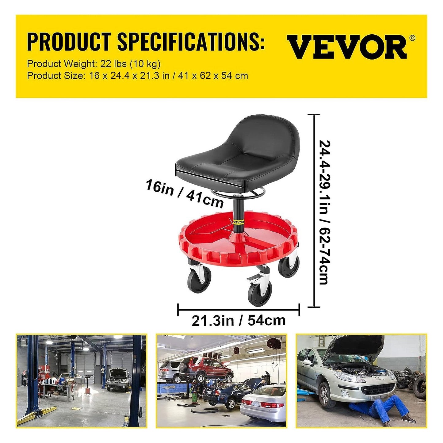VEVOR Shop Stool, 300 LBS Rolling Garage Stool, Adjustable Height Mobile Rolling Gear Seat, Round Tray Garage Pneumatic Stool,Casters With Two Brakes Mechanic Seat