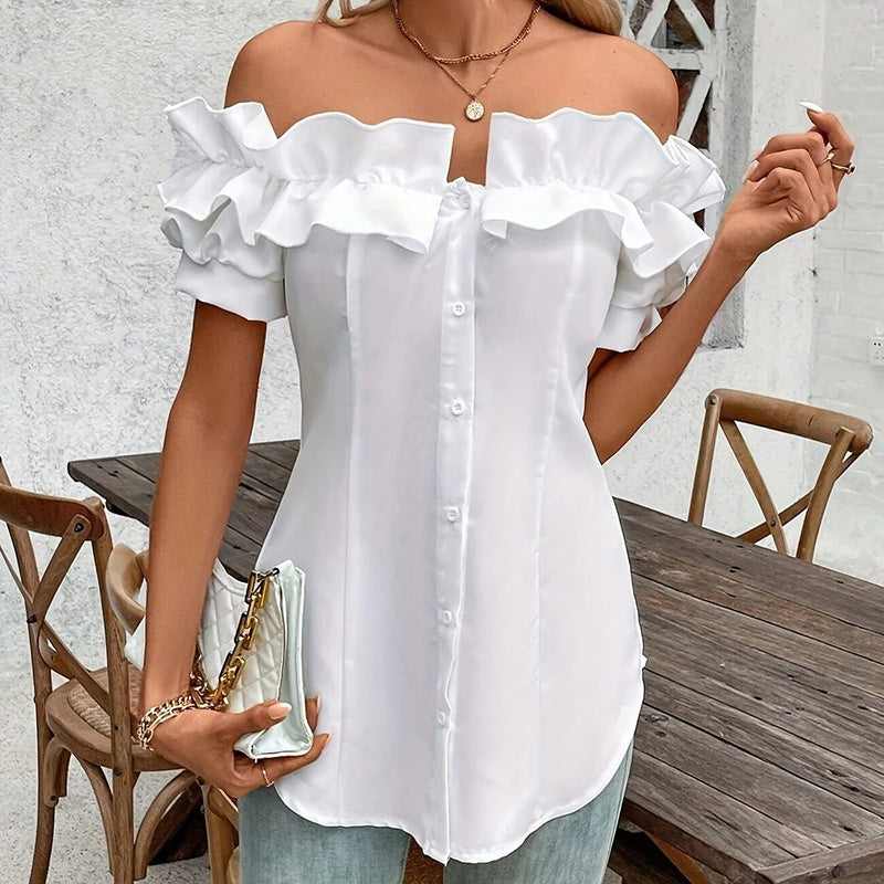 Women's Solid Color Off-Shoulder Ruffled Blouse - Waist Button-Down Shirt