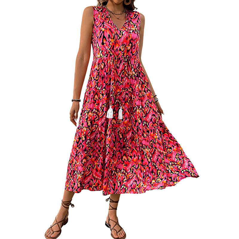 Women's Bohemian Sleeveless Tassel Tie-Dye Maxi Dress Casual Sundress