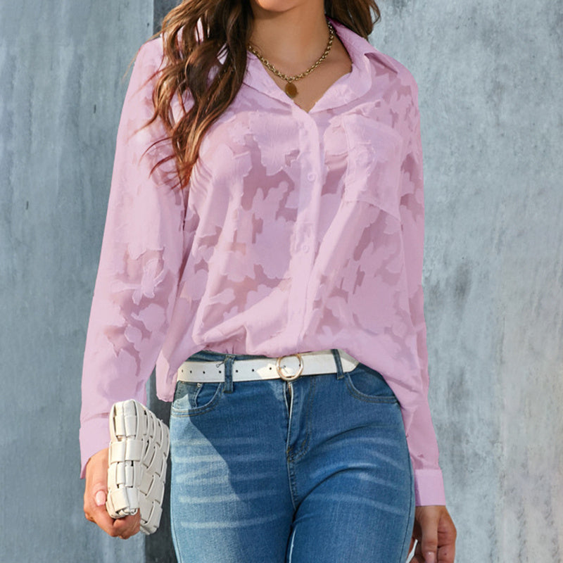 Women's Casual Sheer Button Down Shirt Long Sleeve V Neck Jacquard Blouse Top