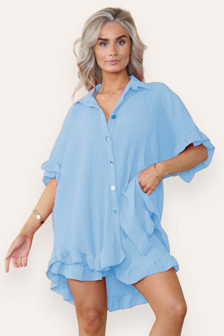 Casual Oversized Gold Button Pleated Frilled Ruffle Short Sleeves Shirt Top And Short Set