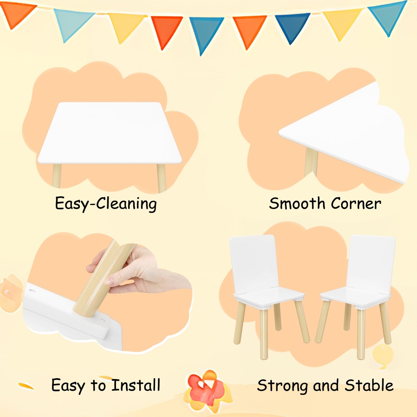 Kids Table And 2 Chairs Set, 3 Pieces Toddler Table And Chair Set, Wooden Activity Play Table Set W