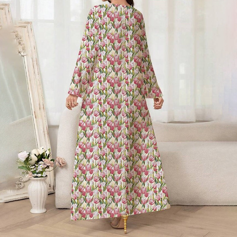 Women's Elegant Pink Floral Print Maxi Dress Vacation Style Long Sleeve A-line Flowy