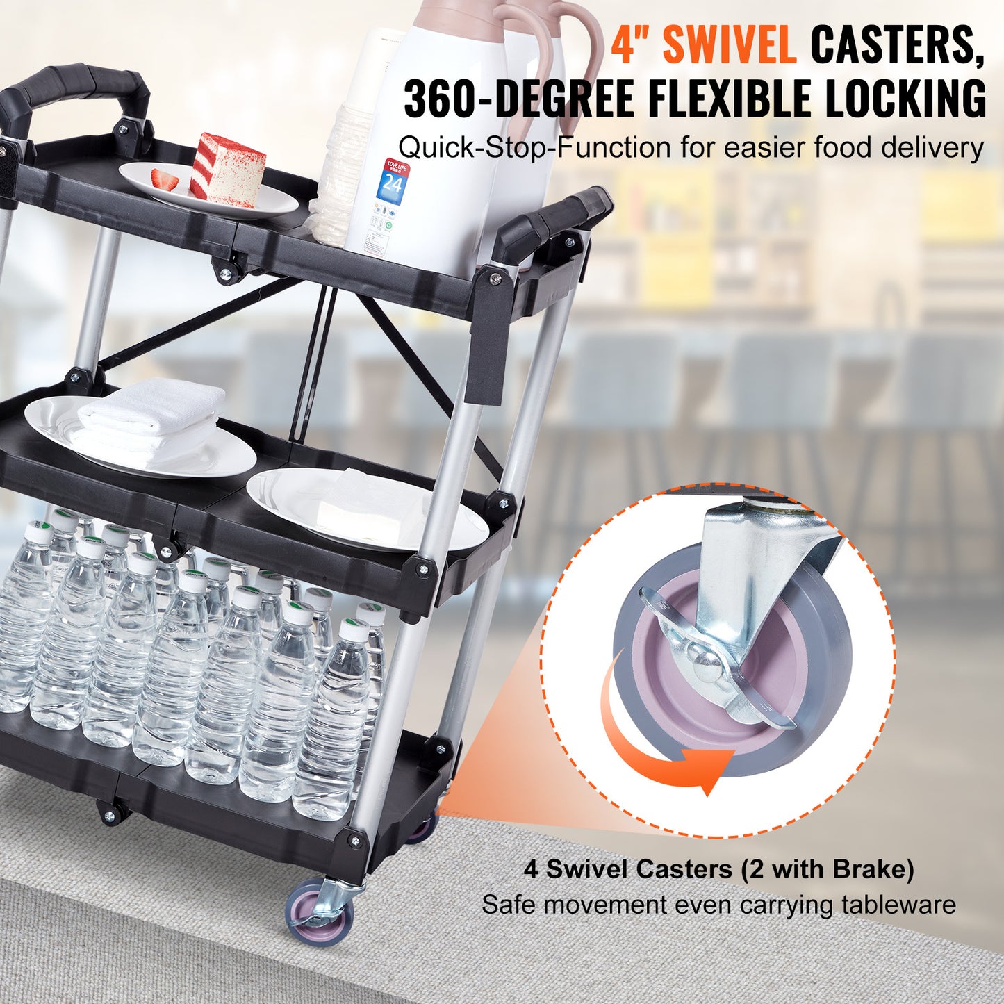 VEVOR Foldable Utility Service Cart, 3 Shelf 165LBS Heavy Duty Plastic Rolling Cart With Lockable Wheels, Ergonomic Handle, Portable Garage Tool Cart
