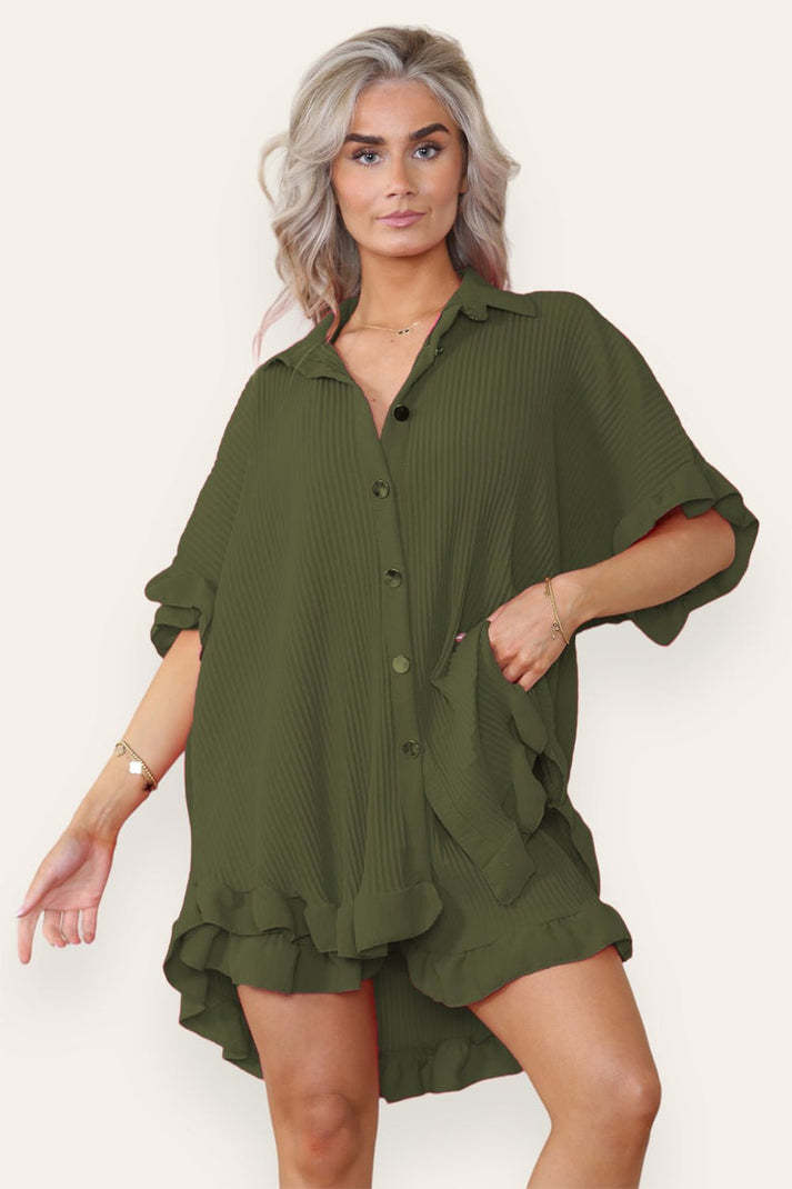 Casual Oversized Gold Button Pleated Frilled Ruffle Short Sleeves Shirt Top And Short Set