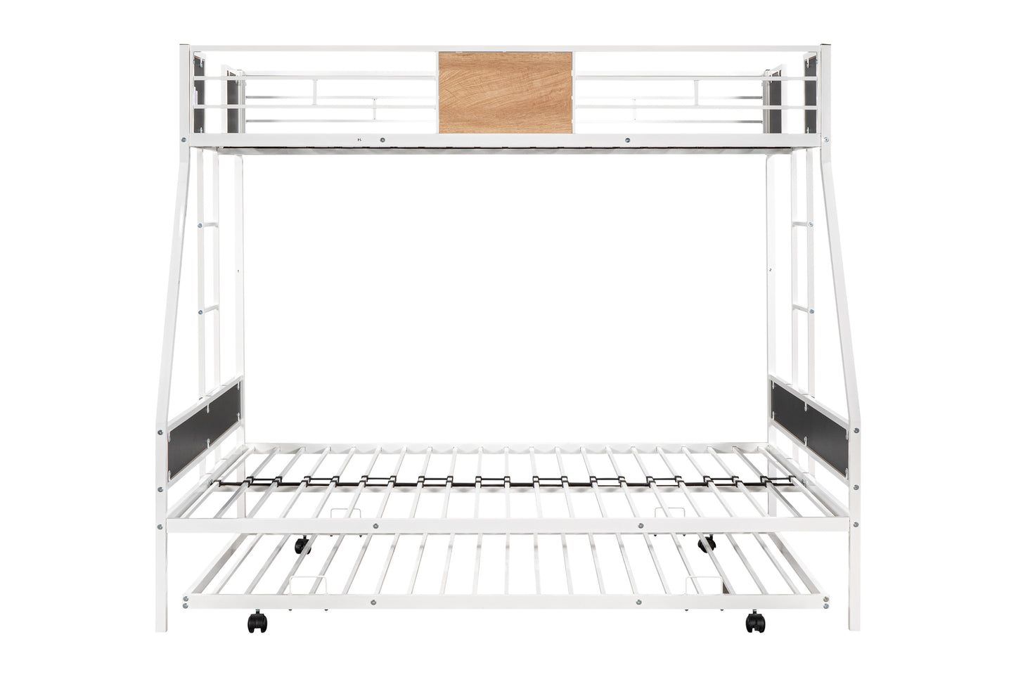 Metal Double Bunk Bed With Rollers Heavy Duty Sturdy Metal Noise Reduction Safety Barrier Wood Trim