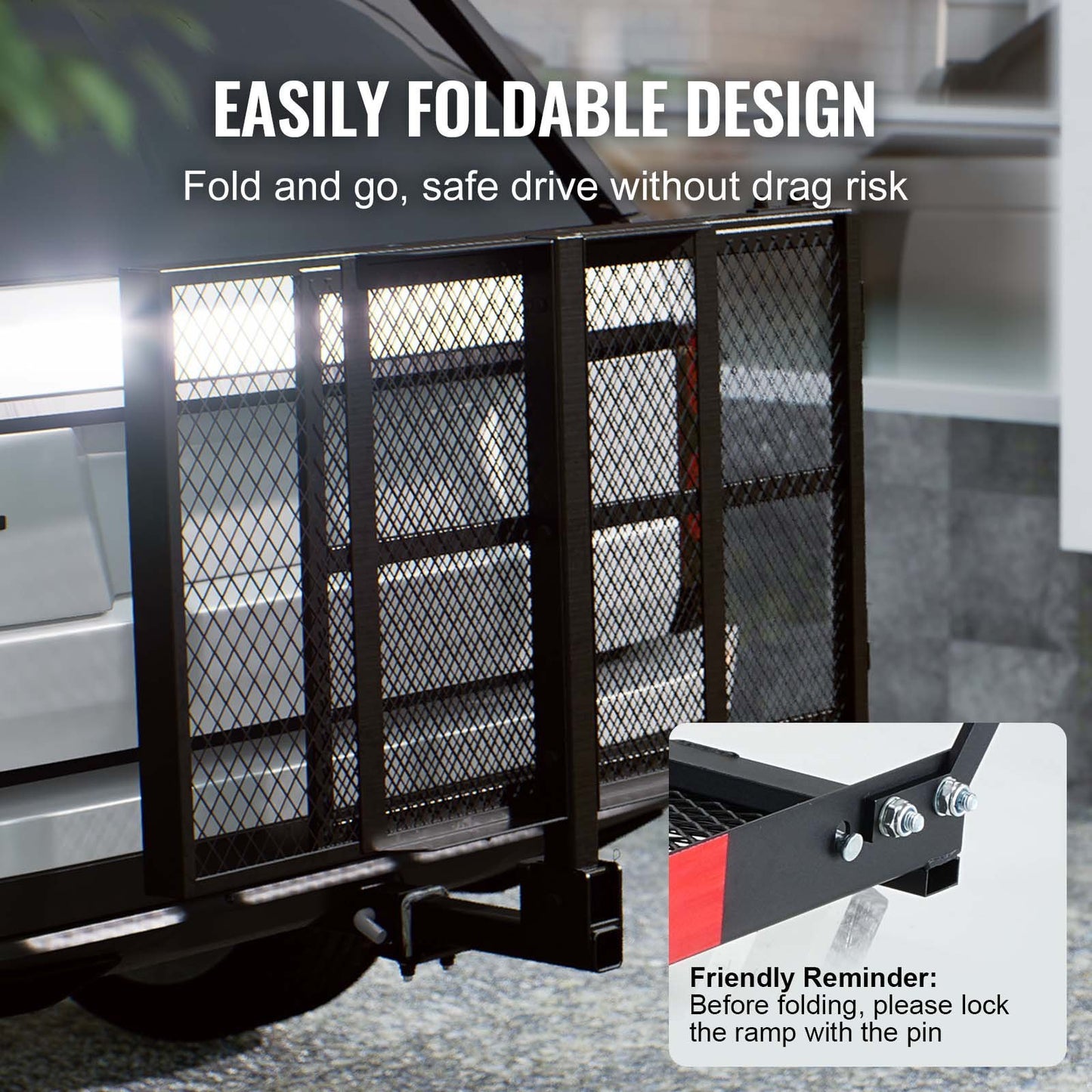 VEVOR Hitch Mount Cargo Carrier, Iron Hitch Cargo Rack With Folding Ramp, Hitch Rack Basket With Stabilizer And Straps, 500LBS Mobility Scooter Carrier Fit Hitch Receiver