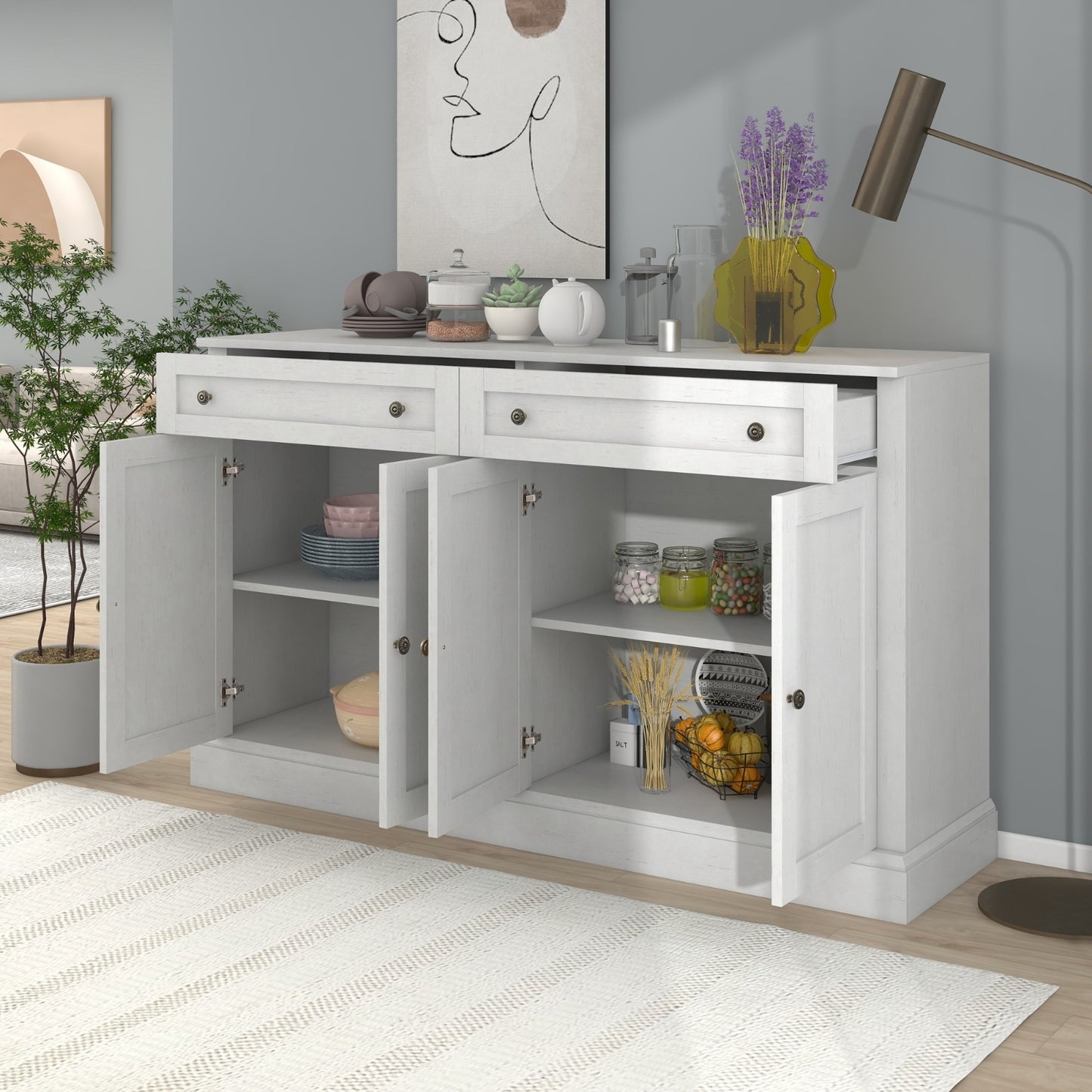 TREXM Kitchen Sideboard Buffet With 2 Drawers & 4 Doors Adjustable Shelves