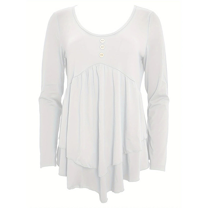 Casual Long Sleeve T-Shirt Solid Color Round Neck Layered Button Front Tunic Tops