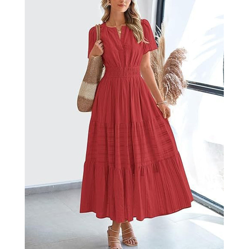 Summer Short Sleeve V Neck Swing Dress Flowy Pleated Tiered Maxi Beach Sundress