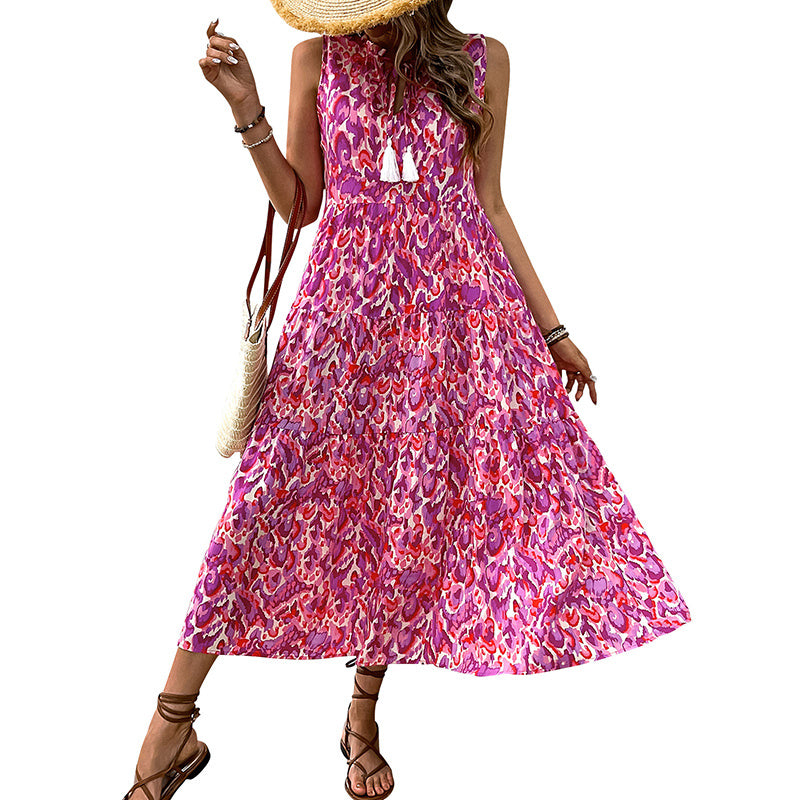 Women's Bohemian Sleeveless Tassel Tie-Dye Maxi Dress Casual Sundress