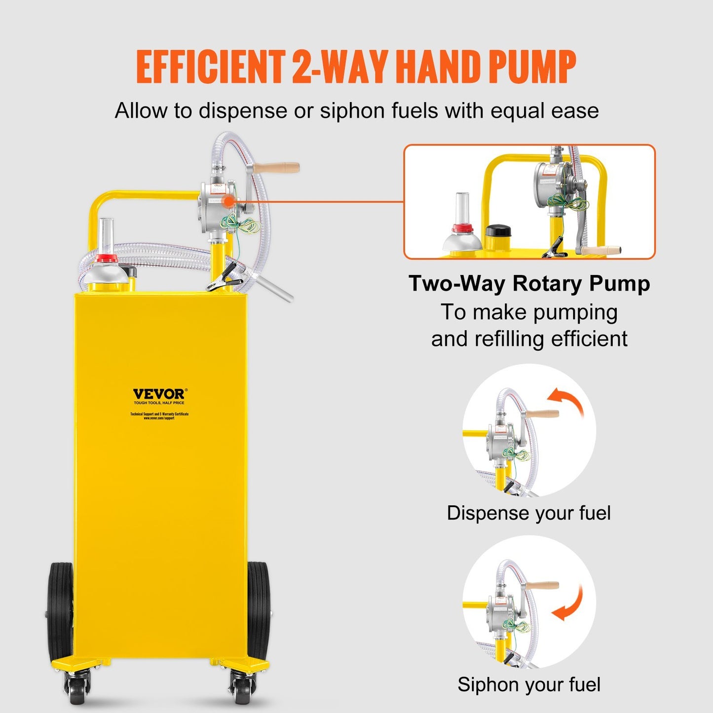 VEVOR 30 Gallon Fuel Caddy, Gas Storage Tank 4 Wheels, With Manual Transfer Pump, Gasoline Diesel Fuel Container For Cars, Lawn Mowers, ATVs, Boats, More, Yellow