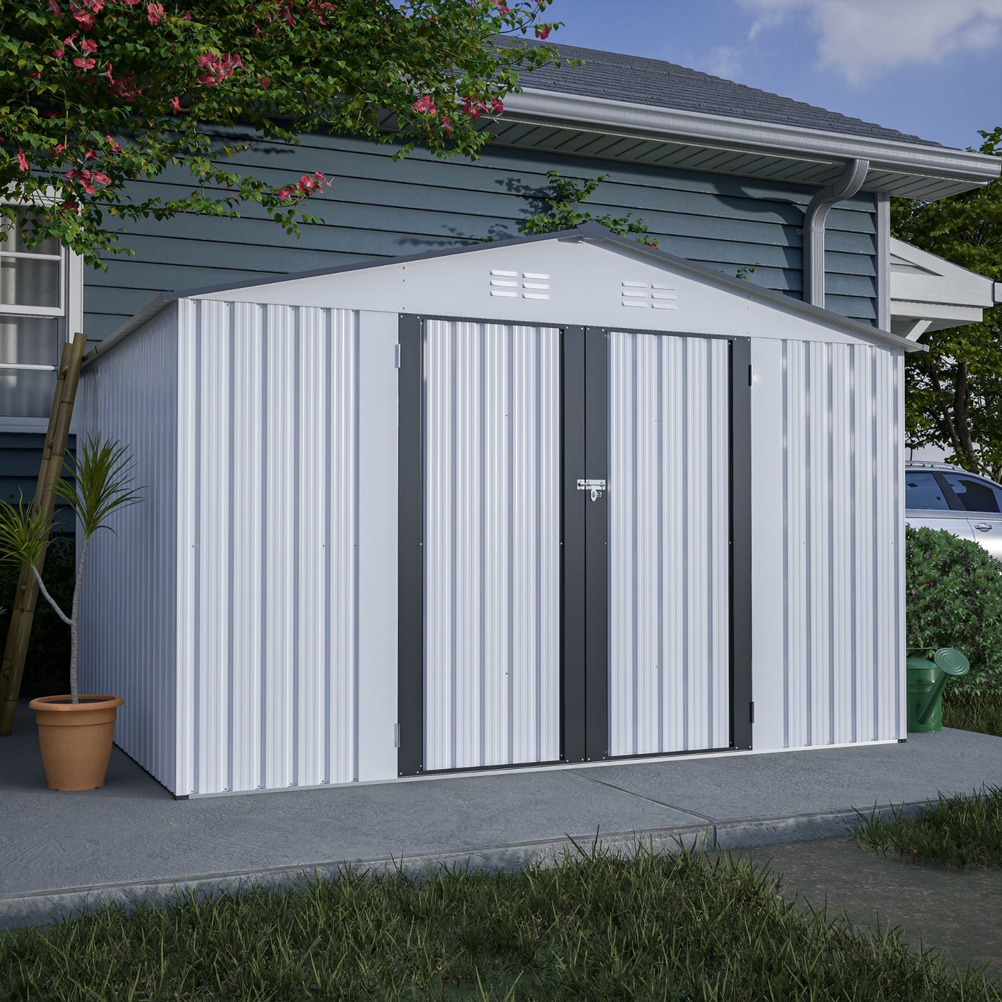 10X8 FT Outdoor Storage Shed, All Weather Metal Sheds With Metal Foundation & Lockable Doors, Tool S