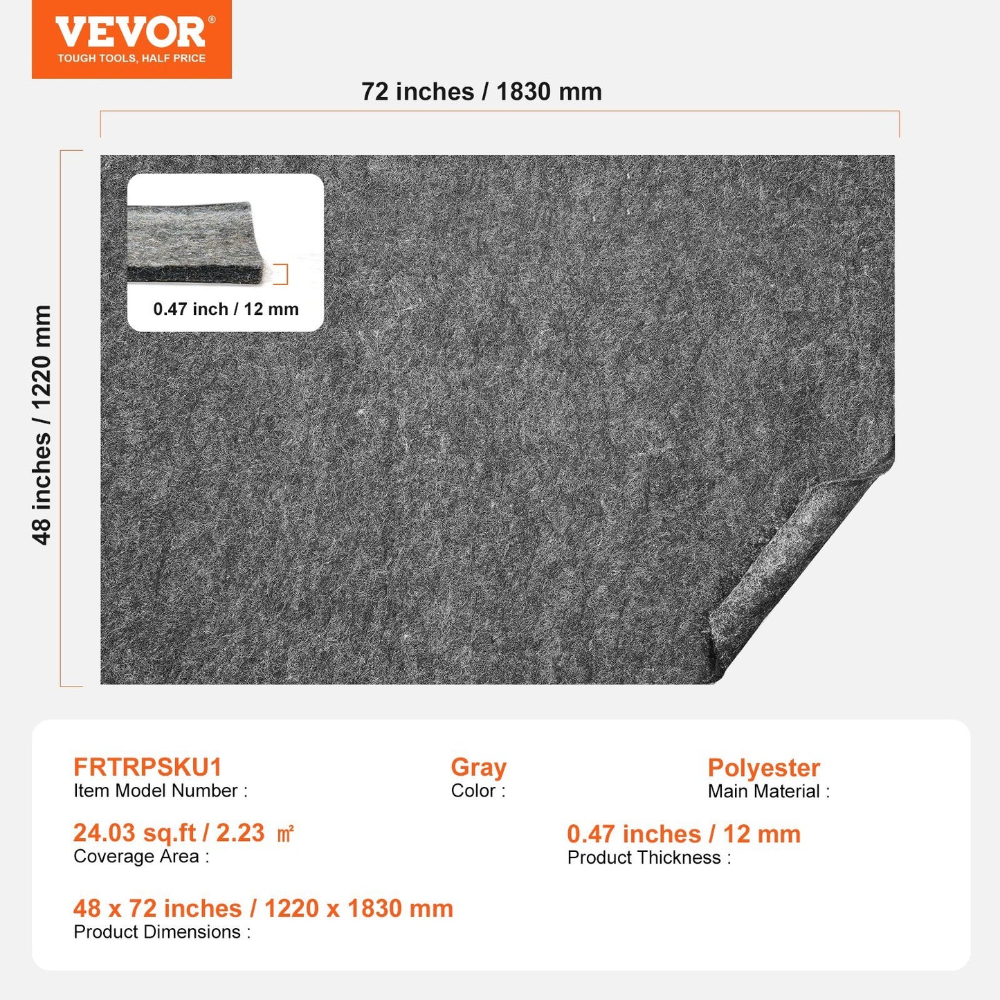 VEVOR Rug Pad Gripper 4X6Protective Carpet Pad 0.47Thick For All Floors