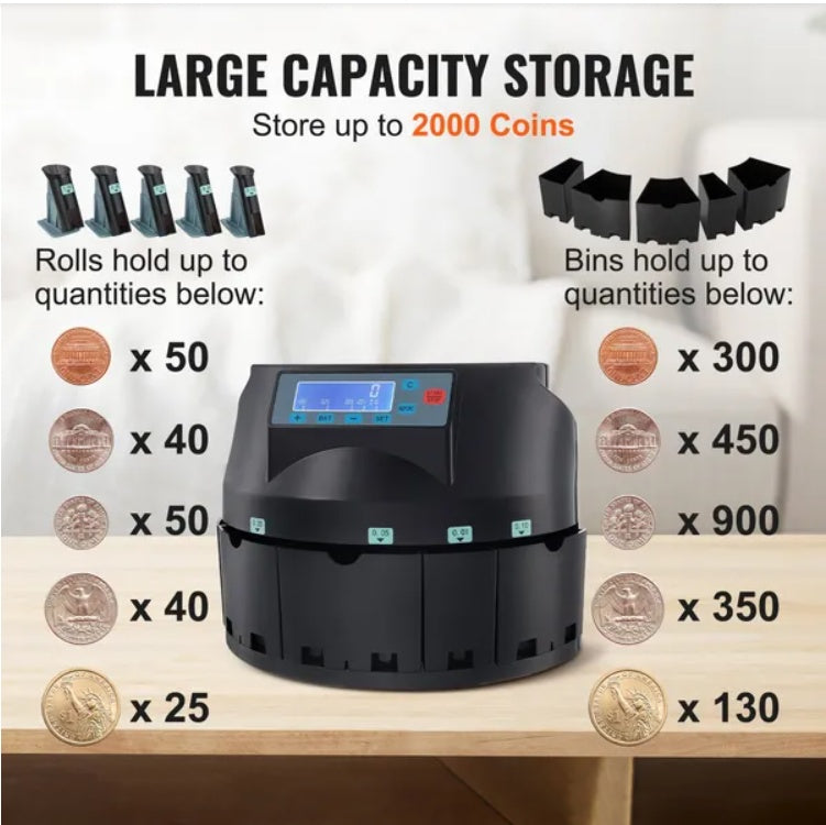 VEVOR USD Coin Sorter Coin Counter Wrapper And Roller 300 Coins Min LCD Display