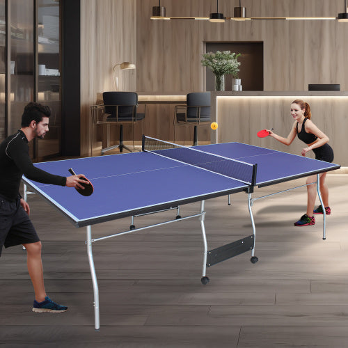 8ft Mid-Size Table Tennis Table Foldable & Portable Ping Pong Table Set For Indoor Games With Net, 2 Table Tennis Paddles And 3 Balls