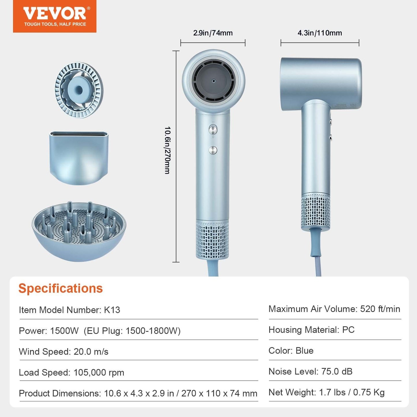 VEVOR High-Speed Hair Dryer With 105,000RPM Brushless Motor, 200 Million Negative Ions Hair Blow Dryer, 4 Temps & 3 Speeds, LCD Display Thermo-Control Hairdryer With Diffuser & Nozzle For Home Travel