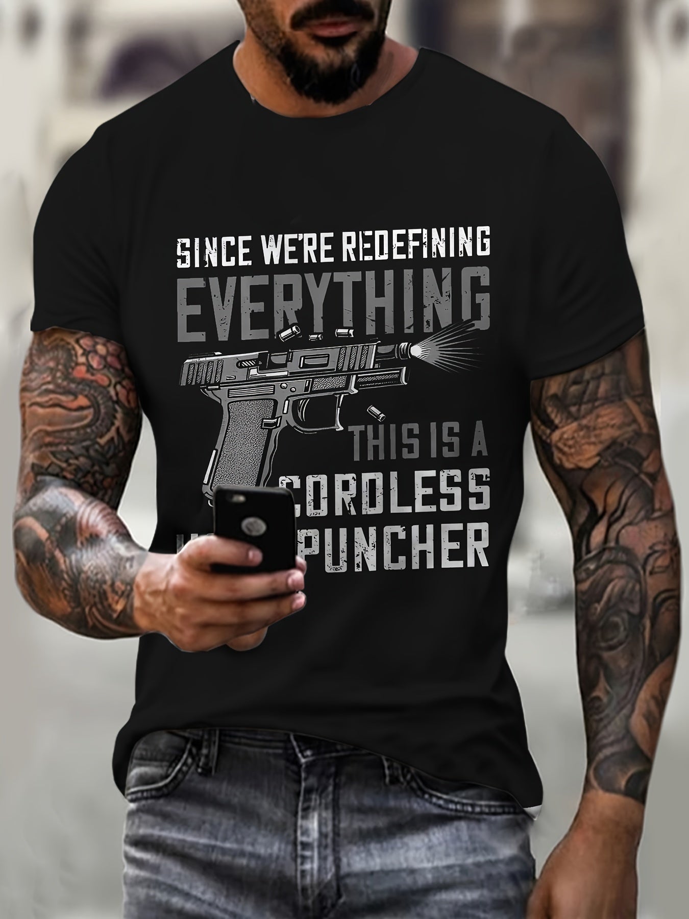 Large Men's Gun And Letter Graphic Printed T-shirt